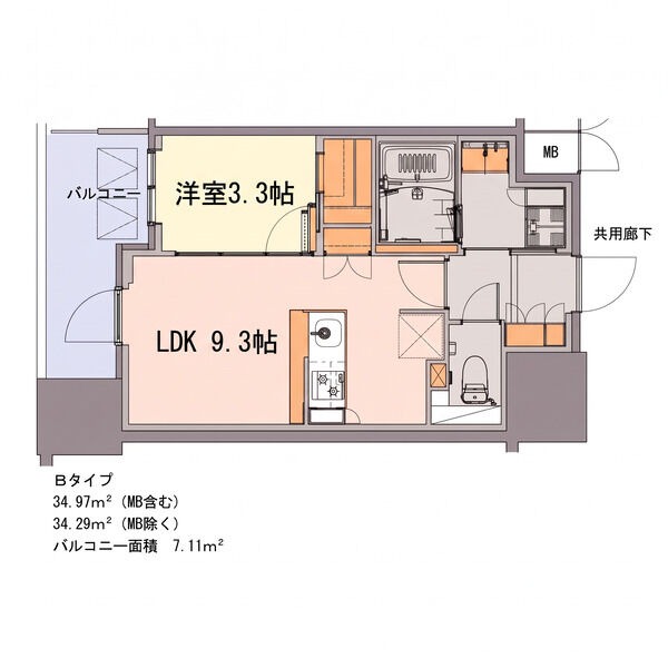 B 1LDKの間取り図