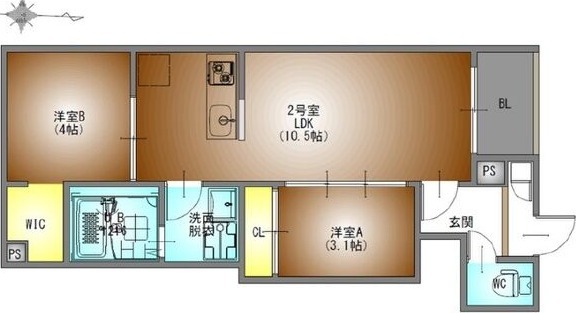 B 2LDKの間取り図