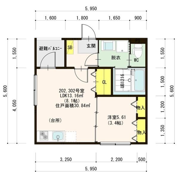 202 1LDKの間取り図