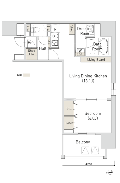 D 1LDKの間取り図