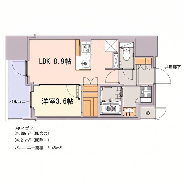D 1LDKの間取り図