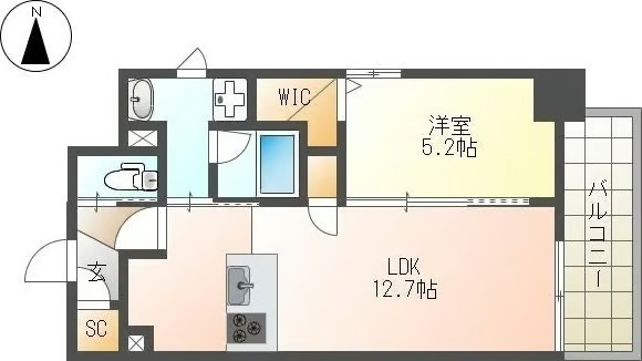 D 1LDKの間取り図