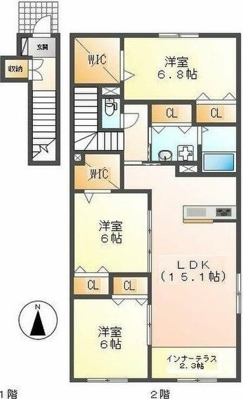 B 3LDKの間取り図