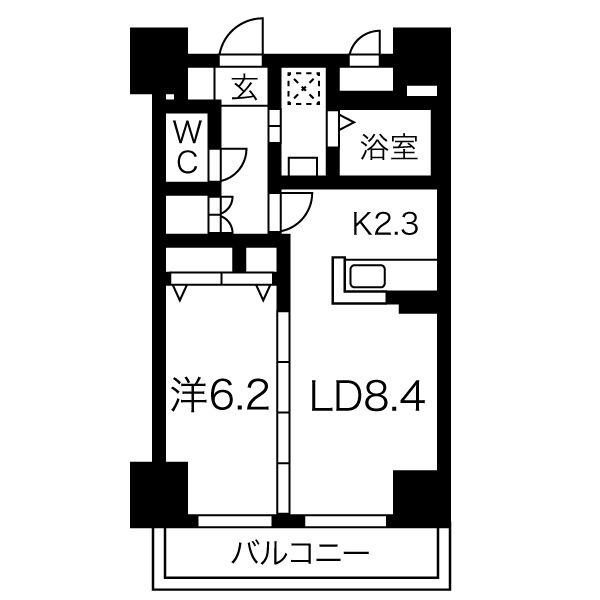 B 1LDKの間取り図