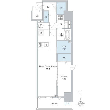 B 1LDKの間取り図