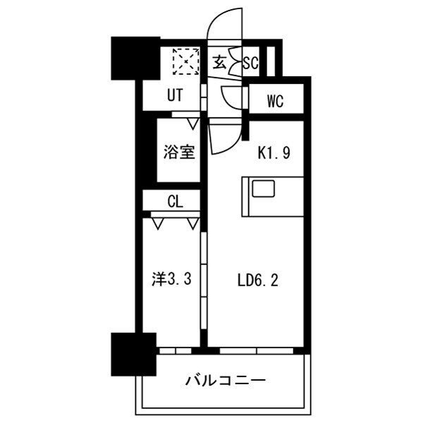D 1LDKの間取り図