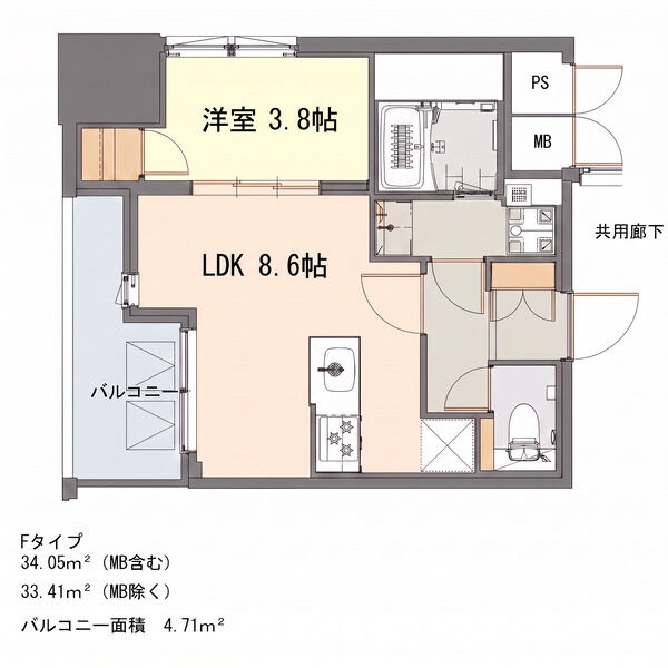 F 1LDKの間取り図