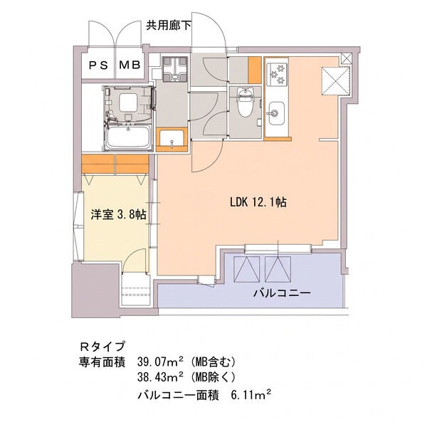 R 1LDKの間取り図