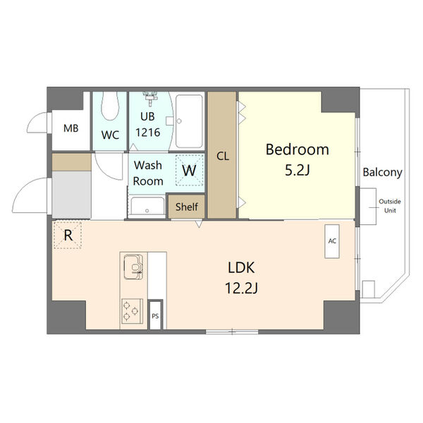 B 1LDKの間取り図