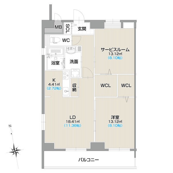 E 1LDK+Sの間取り図