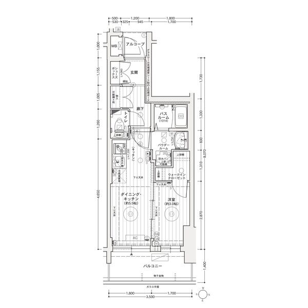 E 1DKの間取り図