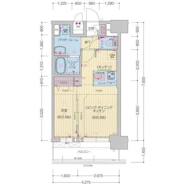 E 1LDKの間取り図