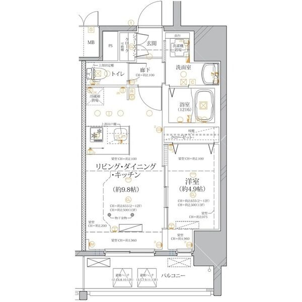 E 1LDKの間取り図