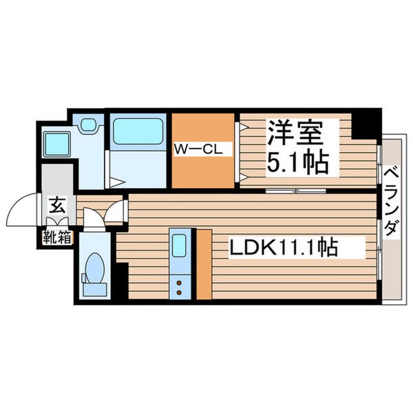 E 1LDKの間取り図