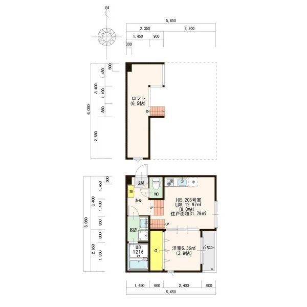 205 1LDKの間取り図