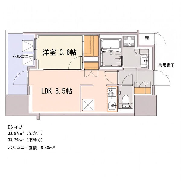 E 1LDKの間取り図