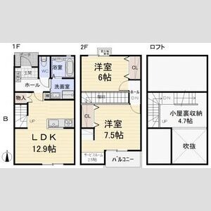 B 2LDK+Sの間取り図