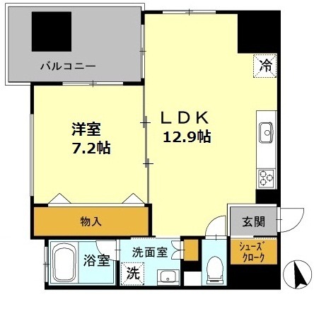 E 1LDKの間取り図