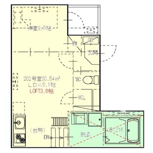 202 1LDKの間取り図