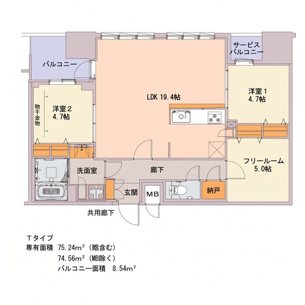 T 2LDK+Sの間取り図