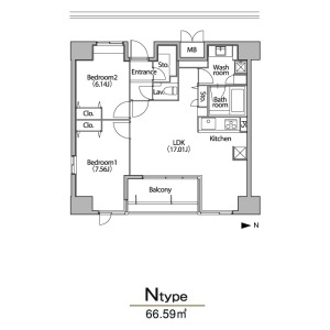 N 2LDKの間取り図