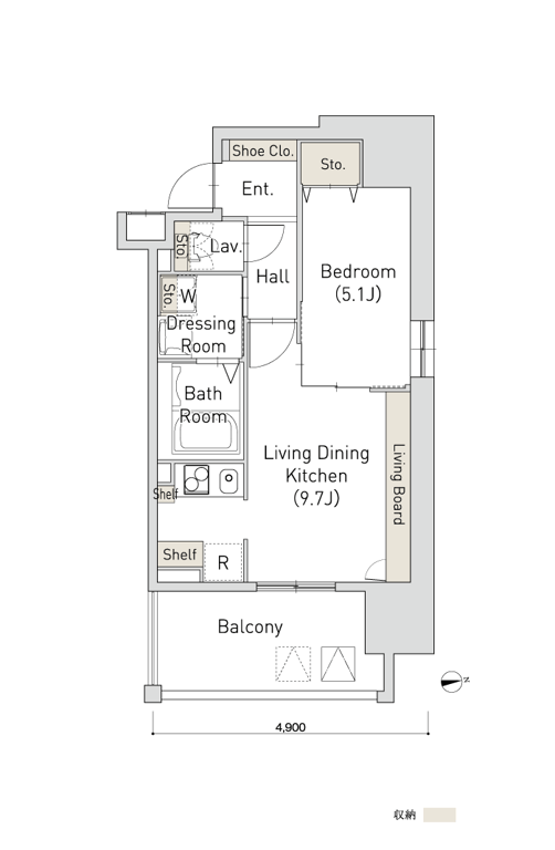 E 1LDKの間取り図