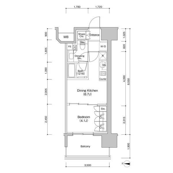 B1 1DKの間取り図