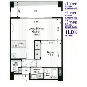 E-3 1LDKの間取り図