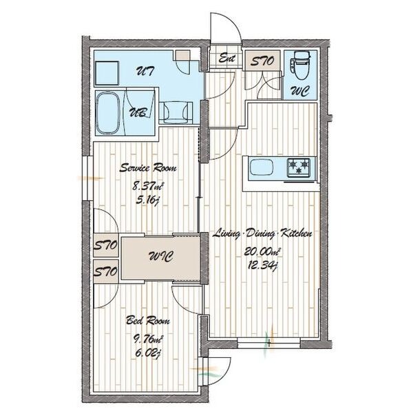 C 1LDK+Sの間取り図