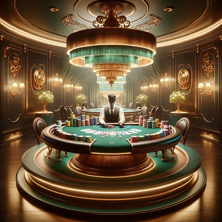 A sleek and modern poker game setup dominates the scene, with a glistening table adorned with intricately designed chips and a virtual screen showcasing lively online casino graphics, all bathed in rich, vibrant colors that convey excitement. Soft, dramatic lighting highlights the fine textures of the poker cards and chips, while subtle, abstract details like glowing digital elements suggest the fast-paced thrill of a top-rated online experience, creating a polished and visually striking composition that captures the essence of a premier poker game.