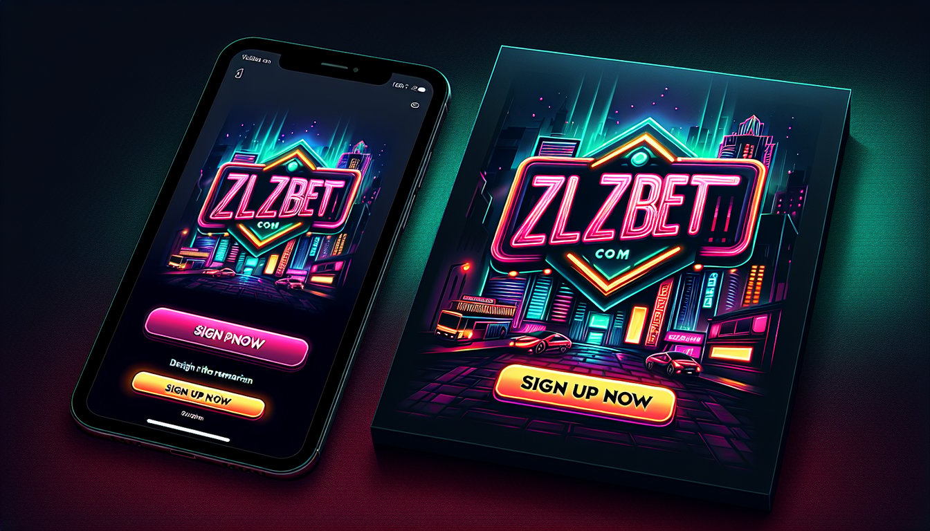 Image A neon-themed mobile app and poster for ZLZBET.com with a sign-up prompt.