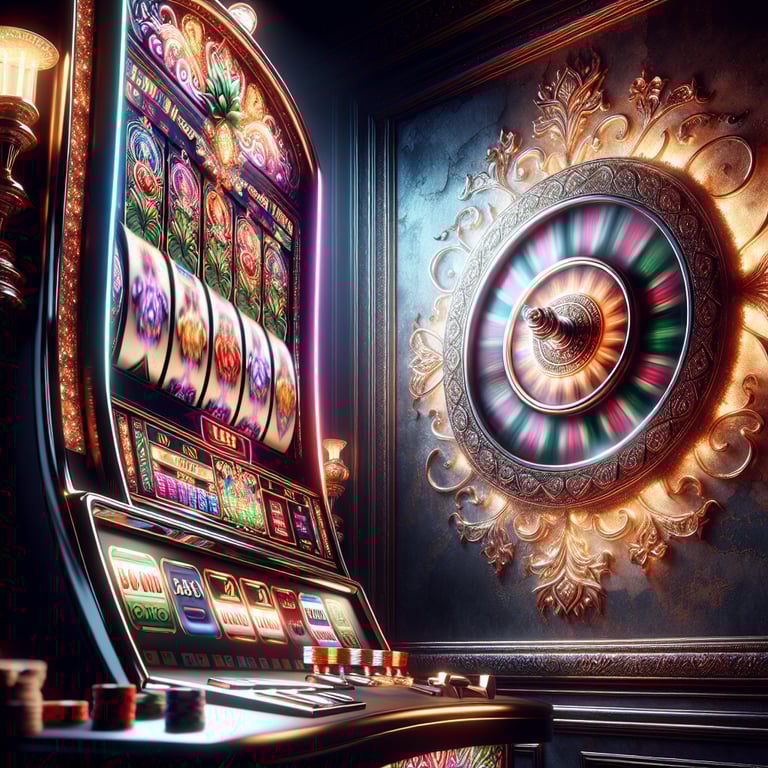 A mesmerizing close-up of a vibrant and intricately designed slot machine, showcasing gleaming symbols and colorful lights that pulse with energy, set against a subtle background that hints at the allure of Thai casinos; the thoughtful lighting enhances the machine's detailed textures, while spirited elements like spinning reels and animated coins subtly highlight the excitement of online gambling, effortlessly captivating the viewer's attention in a visually stunning and impactful composition.