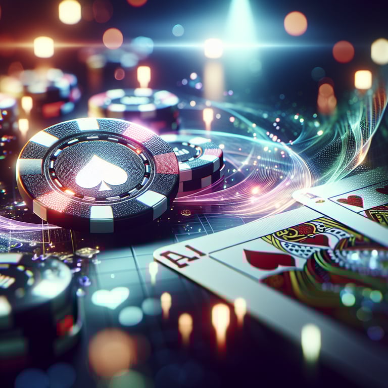 In a captivating online poker game setting, a sleek, glossy poker table takes center stage, adorned with vibrant green felt and glowing edge lighting that highlights the intricate patterns of the cards and chips; the atmosphere is electric, infused with vivid red and blue hues reflecting off strategic game elements, while the slight glimmer of winning hands creates an aura of luck and anticipation, ensuring all eyes are drawn to the exquisite details of the game without unnecessary distractions.