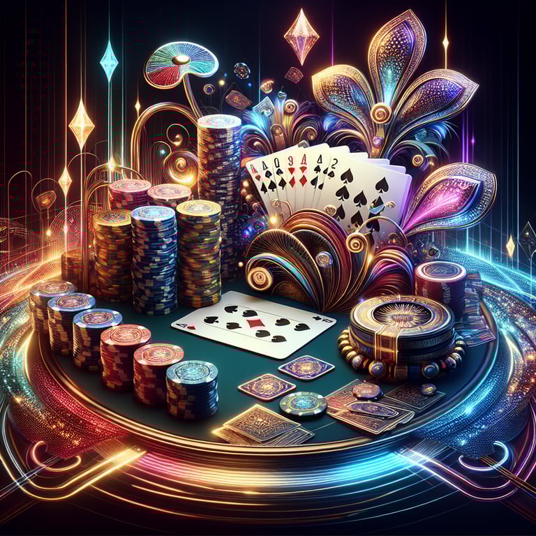 In a visually stunning composition featuring the best poker game, vivid colors burst forth from the intricately designed playing cards and shimmering casino chips, while the gleam of a sophisticated online casino interface subtly glows in the background; elegant safety features are symbolically represented by a sleek safety emblem, enhancing the atmosphere without overwhelming the meticulously crafted central theme, creating a striking tableau that draws immediate attention to the artful details and exciting essence of the card game experience.