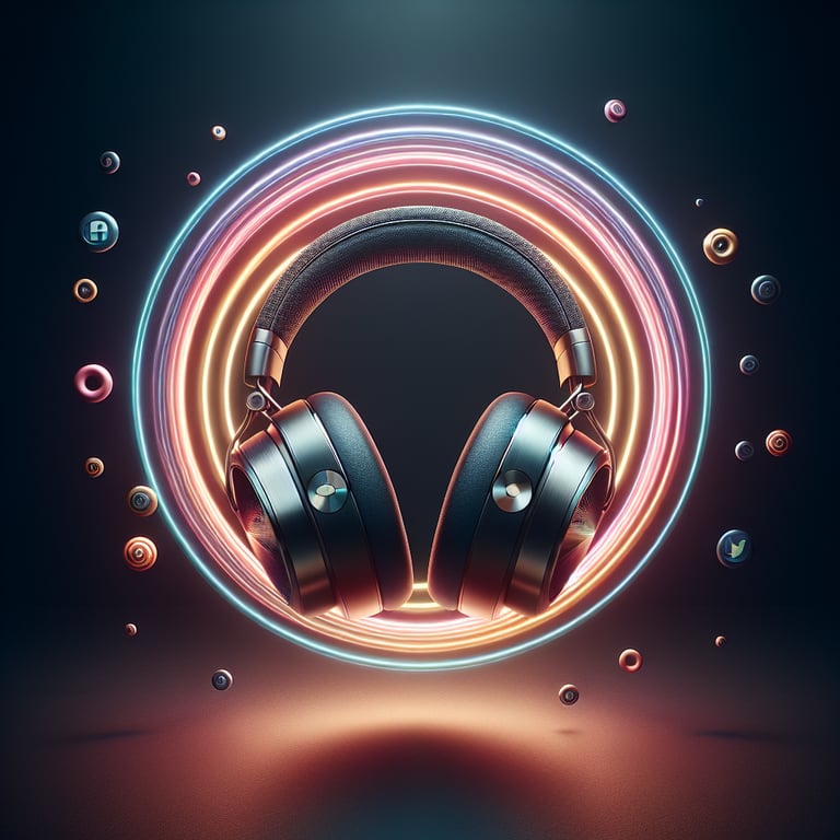 Um design visualmente impressionante e detalhado de um fone de ouvido, onde cada curvatura e textura é realçada por cores vibrantes e um jogo de luzes cuidadosamente trabalhado, que reflete a essência do objeto. O fone de ouvido é apresentado em um fundo minimalista para manter o foco total em suas características intricadas, enquanto elementos abstratos discretos sutilmente complementam a composição, criando uma imagem limpa e impactante que se destaca como um ícone nas redes sociais.