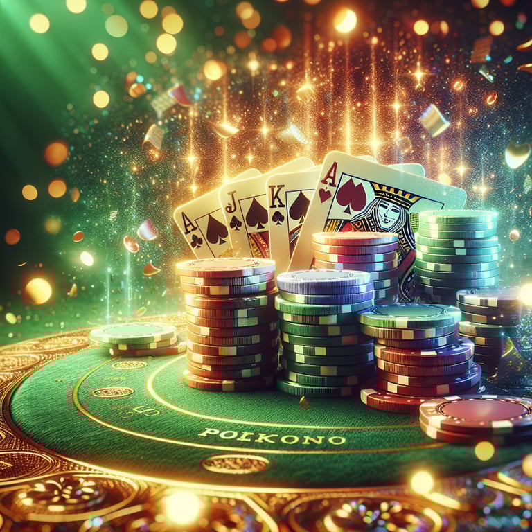 In an intricately designed hero card background, a charismatic poker game scene comes alive with vibrant colors and innovative textures, featuring a sleek, polished poker table at its center, adorned with glimmering chips and glistening cards that exude a sense of luck and excitement; pulsating lighting accentuates the glossy surfaces while a soft-focus bokeh effect hints at an online gaming atmosphere in the background, creating a striking and detail-oriented composition that highlights the essence of the game without distraction, achieving a captivating and impactful design perfect for a standout hero card.