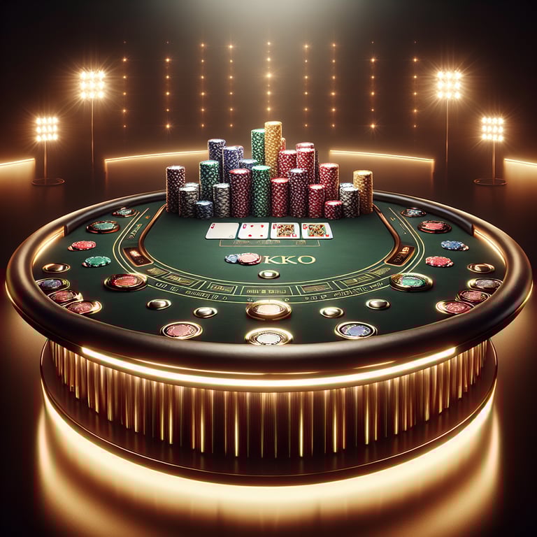 An intricately designed poker table at an online casino, featuring a glossy green felt surface adorned with vibrant and realistic poker chips scattered about, and perfectly arranged playing cards displaying a winning hand, all illuminated by soft yet dynamic lighting that accentuates the exquisite textures of the chips and cards; subtle elements of an online safety protocol, like a sleek digital shield symbol subtly embedded in the background, complete the composition while ensuring the captivating essence of the game remains pristine and the focal point of this high-stakes, visually stunning scene.