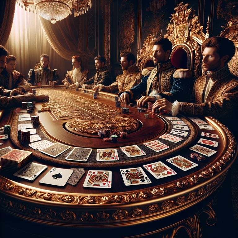 A striking scene of a royal poker circle, where intricately designed poker chips and elegantly crafted playing cards take center stage, illuminated by warm, dramatic lighting that accentuates their vibrant colors and glossy textures. The plush, deep green felt of the table contrasts beautifully with the rich red velvet backdrop, enhancing the luxurious ambiance of the game. Around the table, subtle hints of abstract elements symbolize the thrill of competition and strategy, while the focused expressions of the players, depicted in dynamic poses, capture the intensity and excitement of high-stakes poker, making the entire composition both visually stunning and intimately captivating.