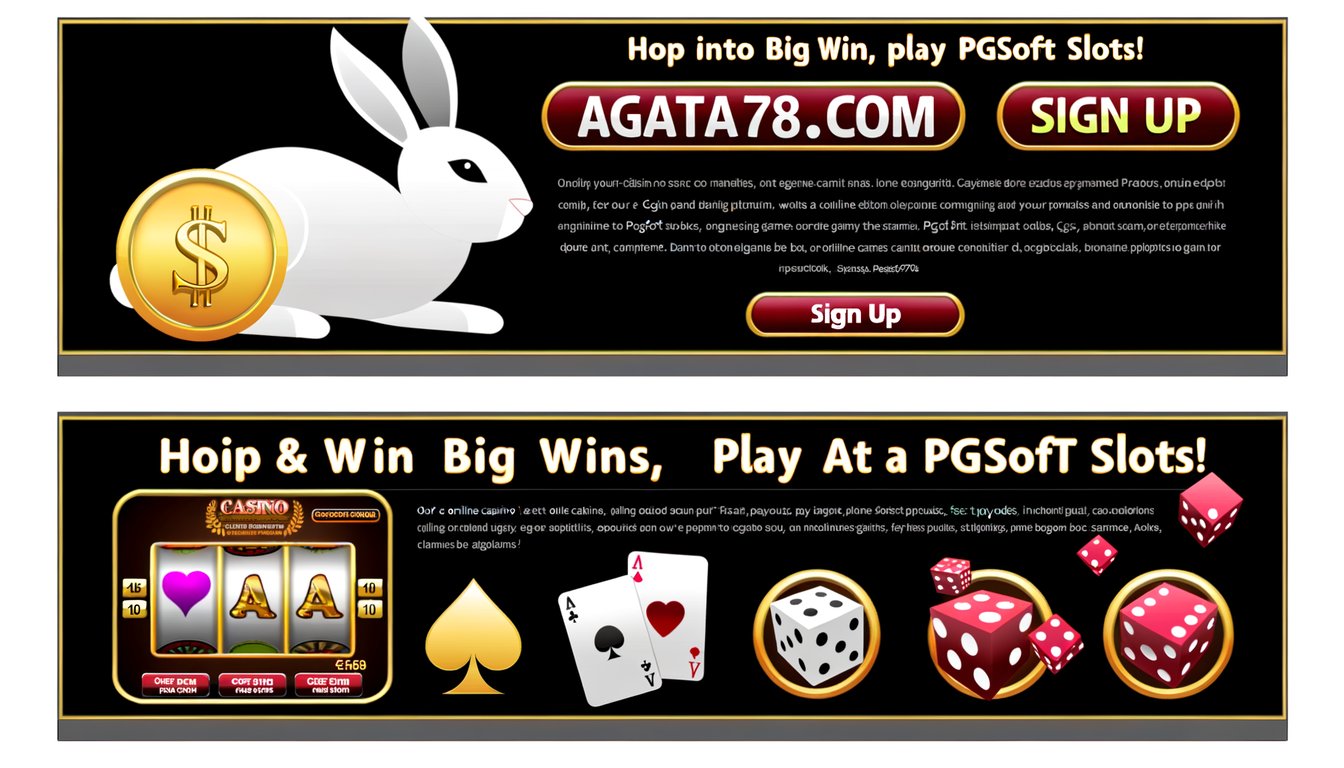 Image Promotional banner for PGSoft Slots with a rabbit, dice, cards, and a sign-up prompt.