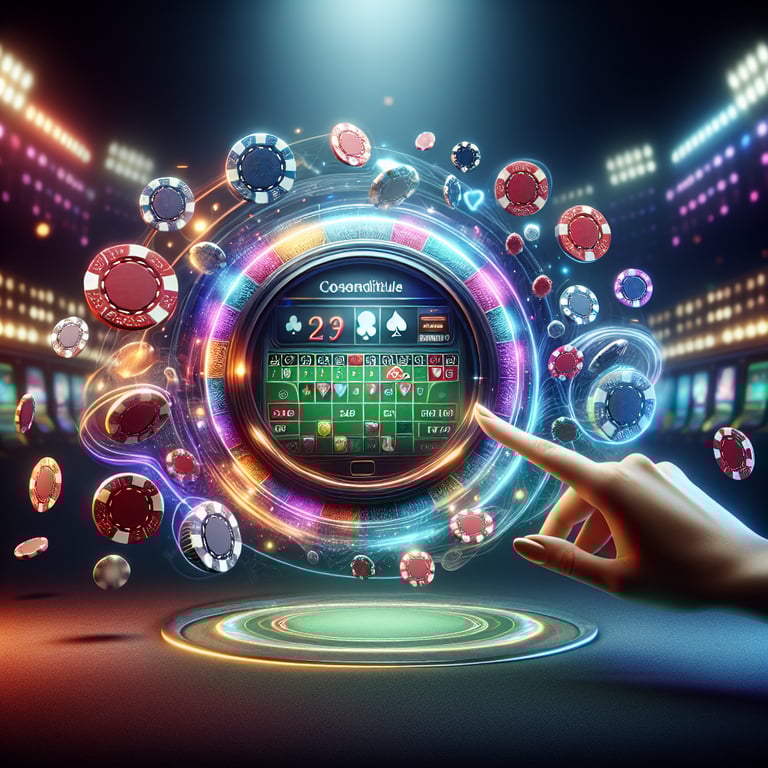 An intricately designed oneline casino scene featuring a sleek, modern sports betting interface at its center, highlighted by vibrant colors and innovative textures that draw the eye. Flanking the betting display are elegantly styled online poker chips and playing cards, each adorned with stunning details and rich hues that pop against a subtly illuminated backdrop. Thoughtful lighting casts dynamic reflections on the polished surfaces, enhancing the allure of high-stakes gaming. Symbolic elements, like a faint silhouette of cheering fans and subtle outlines of sports icons, gracefully surround the central focus, enhancing the atmosphere of excitement while keeping the emphasis on the thrilling activities of betting and poker.