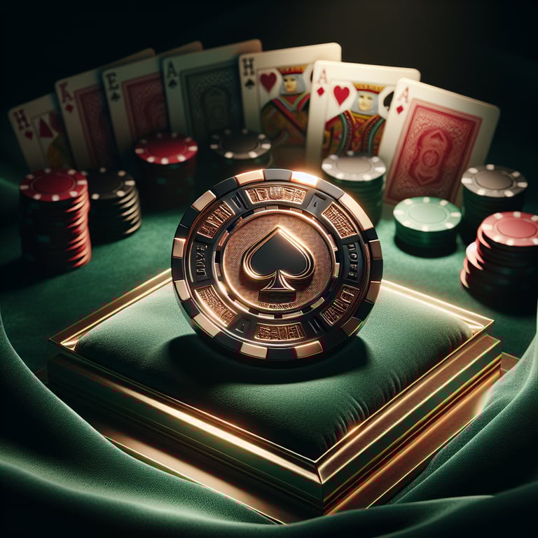A visually striking close-up of a polished poker chip, glimmering under a dramatic spotlight that accentuates its vibrant red and black hues, surrounded by a scattering of glossy playing cards and a single glowing ace, creating an intense focus on the artistry and craftsmanship of the poker-themed composition, while subtle hints of abstract card suits float in the background to enrich the atmosphere without detracting from the central object’s allure.