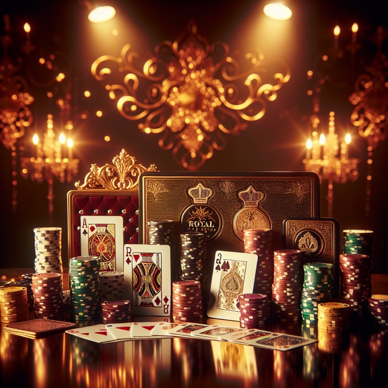 In a captivating royal poker circle, a dazzling array of intricately designed poker chips and a gleaming deck of cards are artfully arranged, their vibrant colors and innovative textures popping against a subtle, luxurious backdrop; the thoughtful lighting enhances the glimmering gold accents and rich blues of the chips, while abstract playing card symbols delicately hover around the scene, emphasizing the theme of high-stakes excitement without overpowering the striking detail of the centerpiece.
