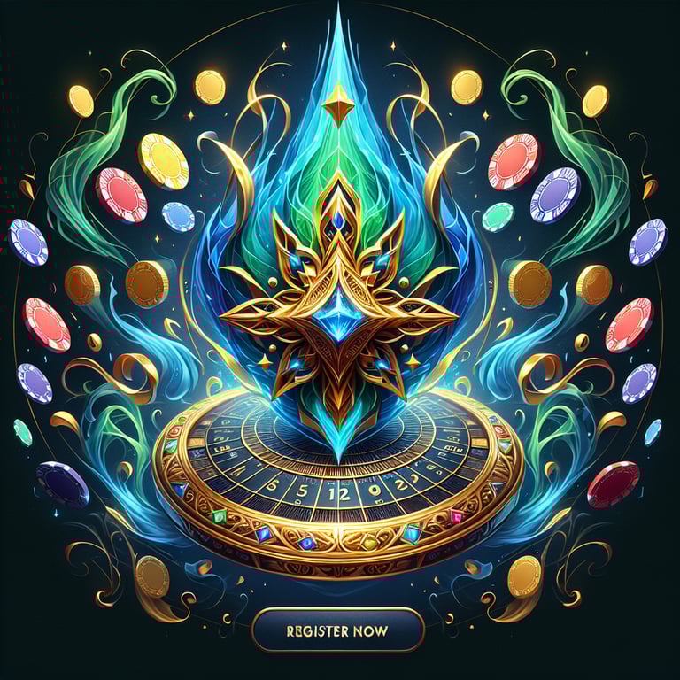 A captivating hero card design featuring a visually stunning depiction of a spinning golden roulette wheel, symbolizing luck and high stakes in the world of the best online games; the wheel is intricately detailed with luminous gems reflecting vibrant hues of red, green, and gold, while a beam of dramatic lighting highlights its polished surface, inviting viewers to 'register now' for their chance at a lucky bet, all set against a subtle, blurred background that ensures the focus remains on the wheel's dazzling allure.
