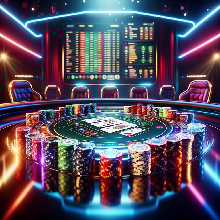 An intricately designed oneline casino scene featuring a sleek, modern sports betting interface at its center, highlighted by vibrant colors and innovative textures that draw the eye. Flanking the betting display are elegantly styled online poker chips and playing cards, each adorned with stunning details and rich hues that pop against a subtly illuminated backdrop. Thoughtful lighting casts dynamic reflections on the polished surfaces, enhancing the allure of high-stakes gaming. Symbolic elements, like a faint silhouette of cheering fans and subtle outlines of sports icons, gracefully surround the central focus, enhancing the atmosphere of excitement while keeping the emphasis on the thrilling activities of betting and poker.