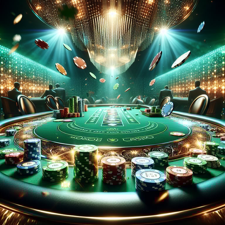 A visually stunning depiction of the ultimate poker game setup in an online casino environment, where a rich, glossy poker table is adorned with intricately detailed cards and an inviting stack of colorful chips; vibrant lighting casts dramatic reflections, accentuating the luxurious textures of the table felt and the glossy surface of the chips, while subtle abstract designs of safety features enhance the backdrop, emphasizing the game's excitement and online elegance without overwhelming the focus on the captivating poker scene itself.