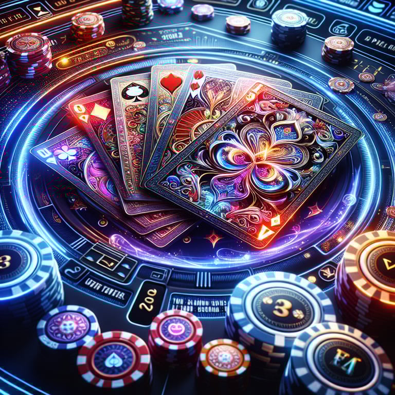 In an electrifying online poker game scene, a glimmering poker chip, shimmering with shades of emerald green and fiery red, takes center stage, its intricate design highlighting the mastery of craftsmanship; surrounding it, vibrant stacks of cards spill elegantly, infused with bold, dynamic colors and illuminated by strategic lighting that casts enticing reflections, while a subtle digital interface hums in the background, elegantly weaving the theme of luck into this captivating and visually stunning composition.