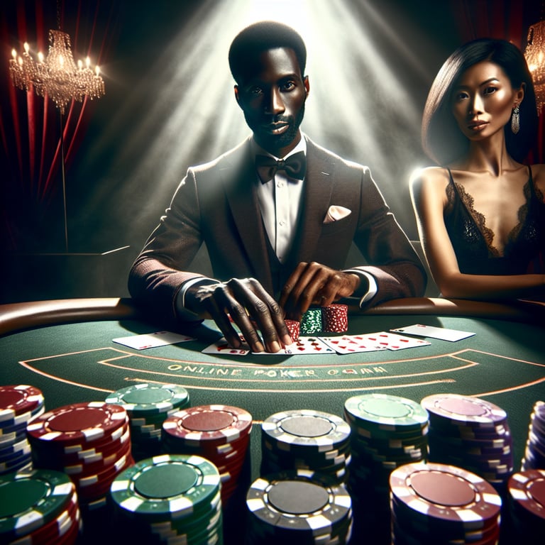 A dynamic poker game scene, showcasing a strikingly detailed digital interface filled with vibrant colors and innovative textures, captures a sense of luck and excitement; the composition is tightly focused on a glistening stack of chips, perfectly arranged cards with intricate designs, and the luminous glow of the online environment, all illuminated by thoughtful lighting that enhances the game's thrilling atmosphere while subtly incorporating abstract elements like swirling chips and glowing icons to symbolize fortune without distracting from the main focus.