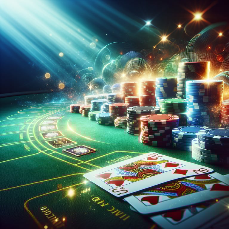 In a striking image, a captivating poker game online unfolds, centered around an exquisitely detailed poker table adorned with glimmering chips and neatly fanned cards, each reflecting vibrant colors that radiate a sense of luck and excitement; the thoughtful lighting casts playful highlights on the textured surface, while subtle abstract symbols of luck—like lucky dice and clovers—are woven through the composition, enhancing the essence of the game without detracting from the central action, creating a visually stunning and immersive experience that captures the thrill of online gambling.