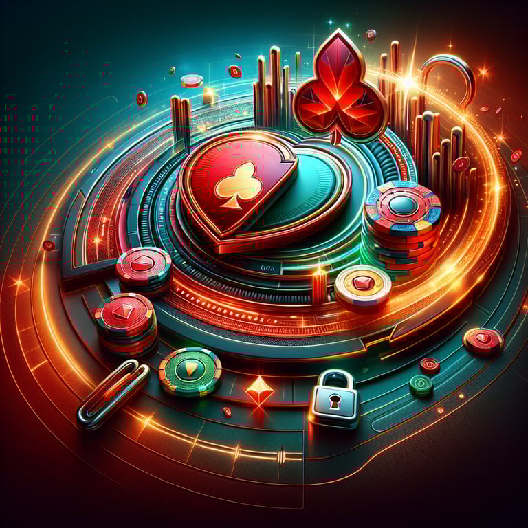 A visually stunning online poker scene, centered around a glowing, intricately designed poker chip that radiates vibrant colors and innovative textures, expertly illuminated to highlight its details; around it, subtle abstract elements like the faint outline of playing cards and tokens float gracefully, enhancing the theme of safety in betting while ensuring the focus remains firmly on the striking poker chip, creating a clean, impactful design perfect for a social media icon.