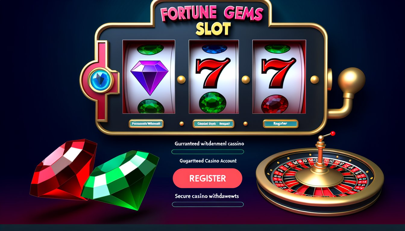 A colorful casino-themed webpage featuring roulette, gems, and registration options.